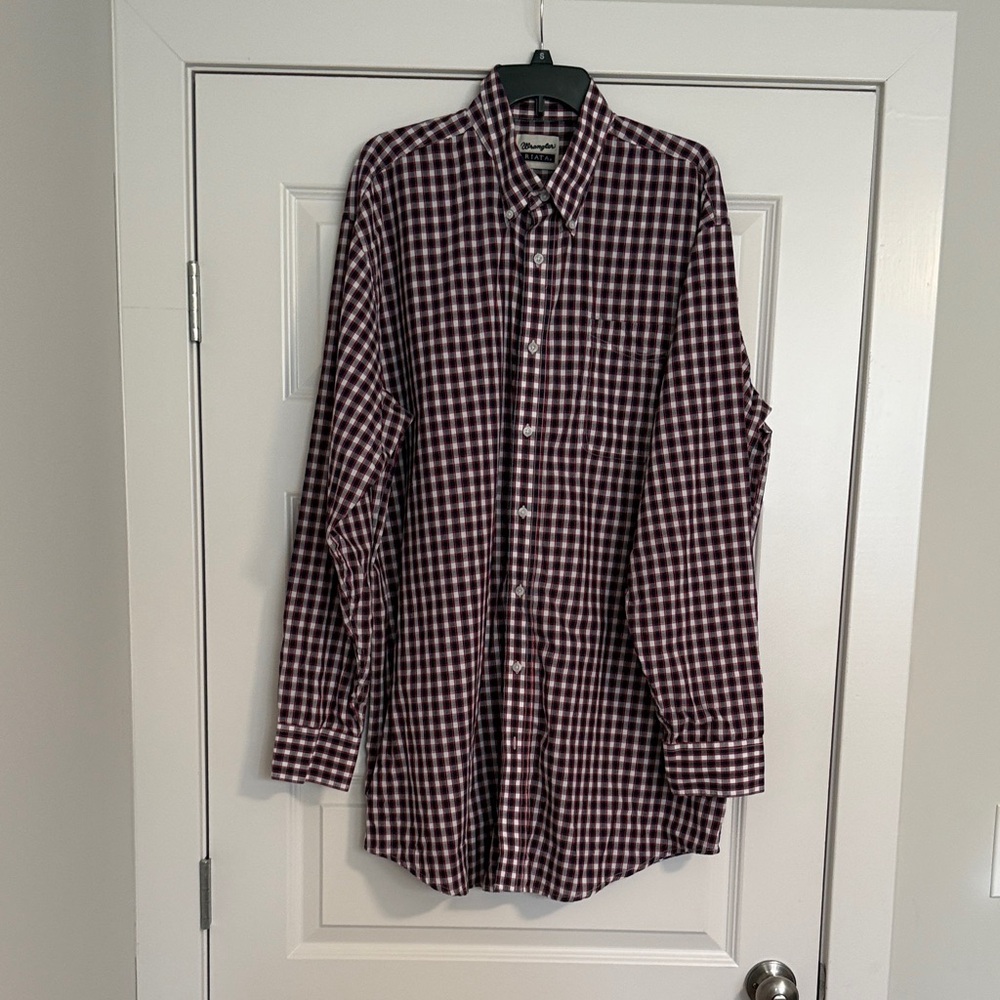Wrangler Riata Men's Burgundy and Navy Checkered Button Down Shirt